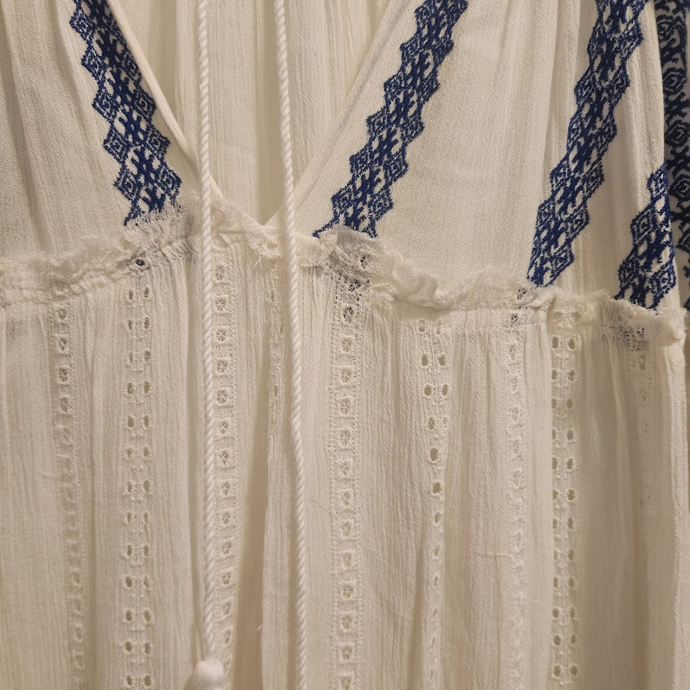 Free People Embroidered Boho Mini Dress Ivory Blue White Tassel Eyelet Small - Picture 5 of 12